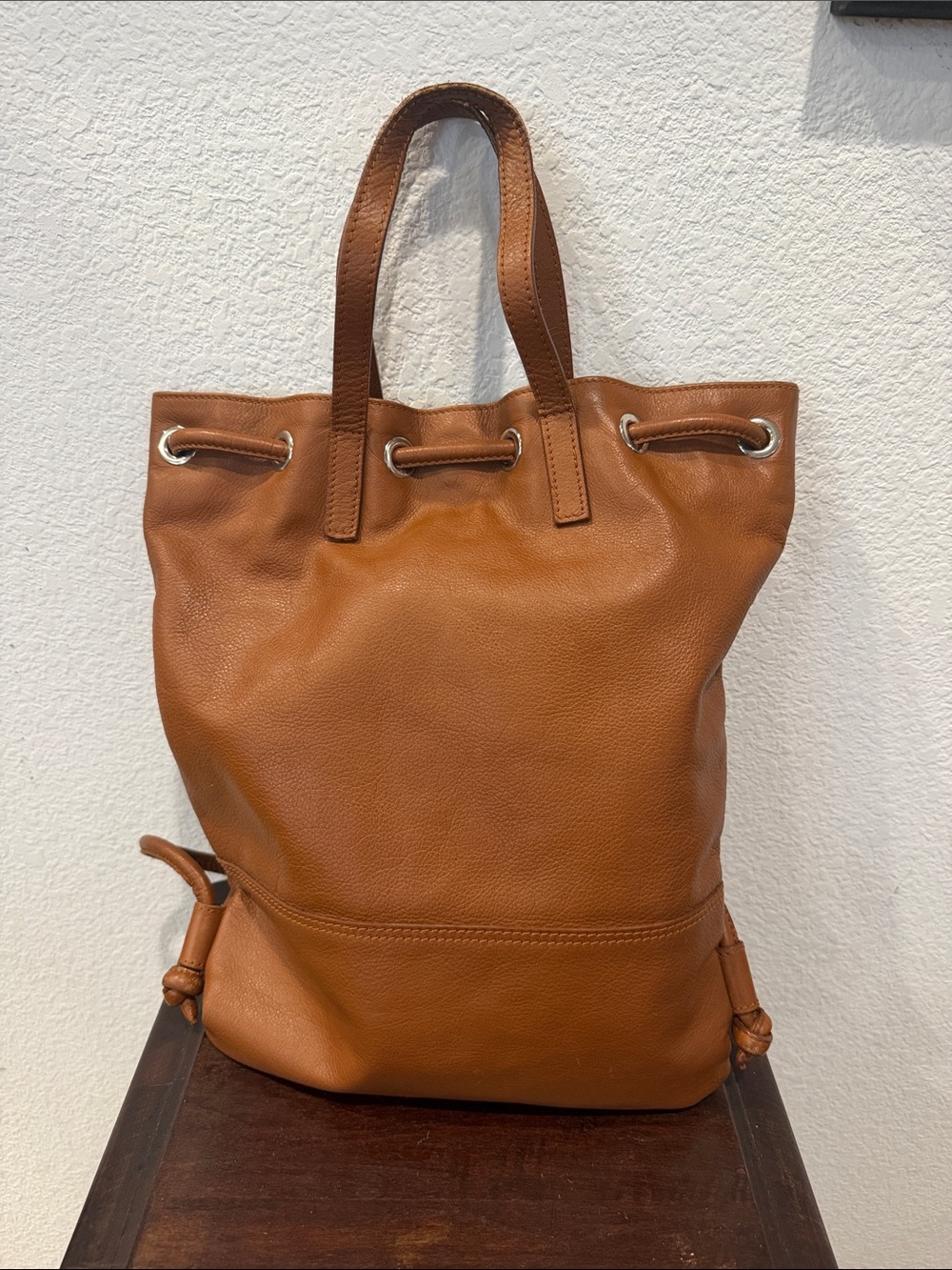 Garnet Hill Brown Backpack Classic Tan Leather Tote with Grommet Detail